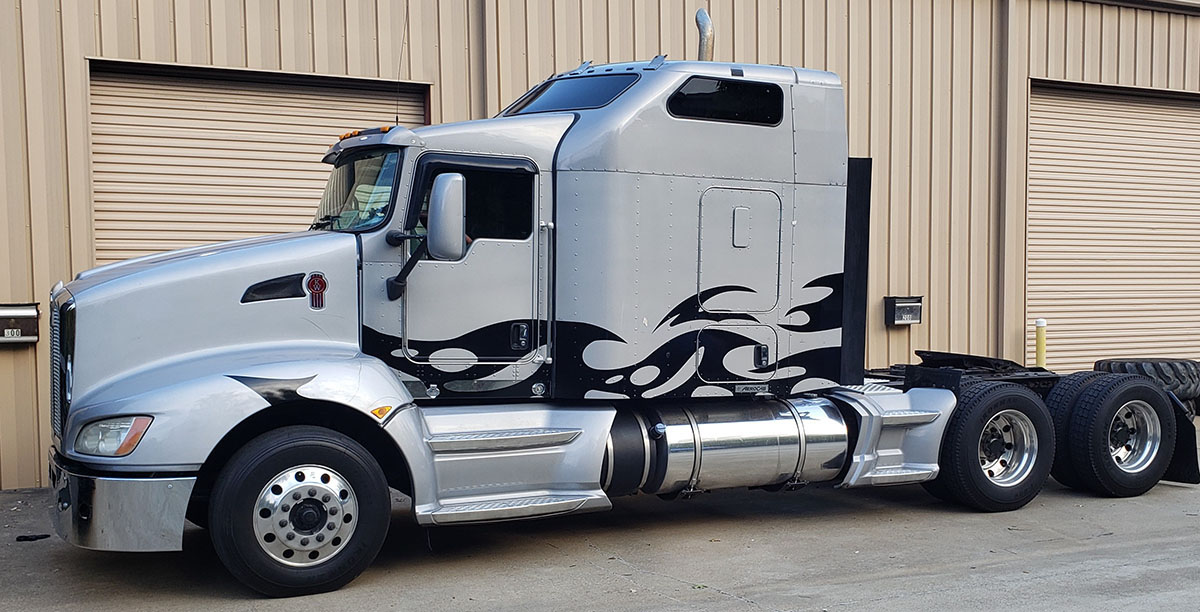 Silver Semi-Truck with Black Flame Graphics