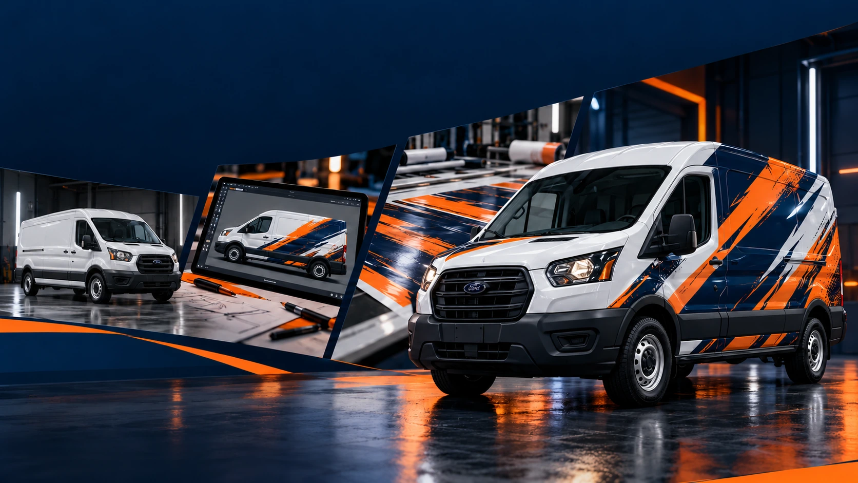 Illustrative van-wrap journey from plain vehicle through design and print to finished graphics