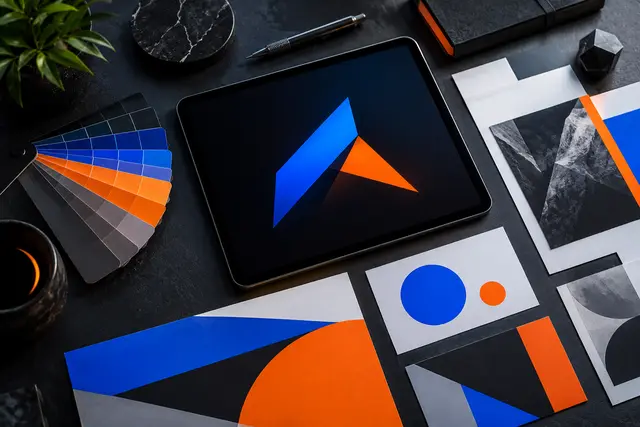 Concept brand identity artwork, tablet and color swatches