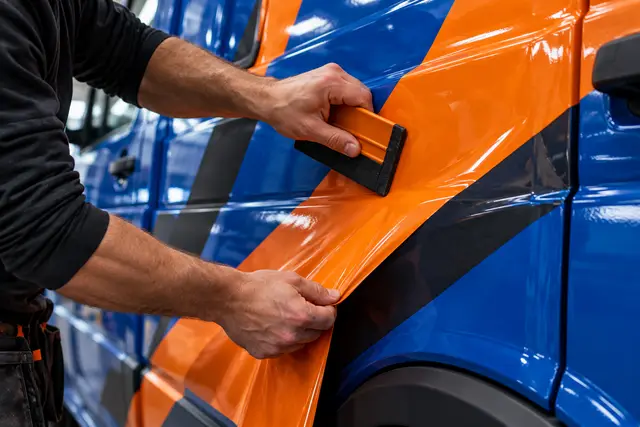 Illustration of hands applying orange vehicle vinyl with a squeegee