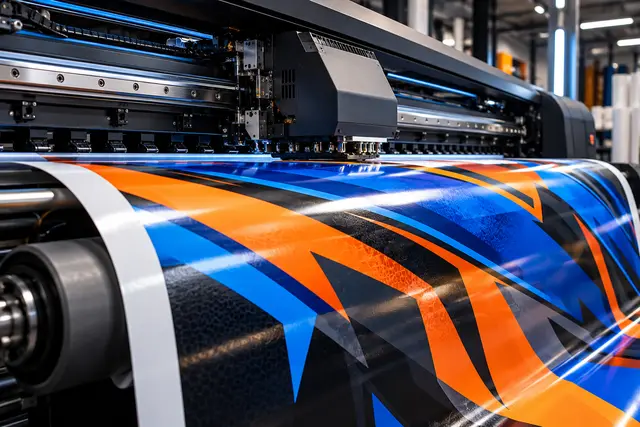 Illustration of a wide-format printer producing blue and orange vinyl graphics