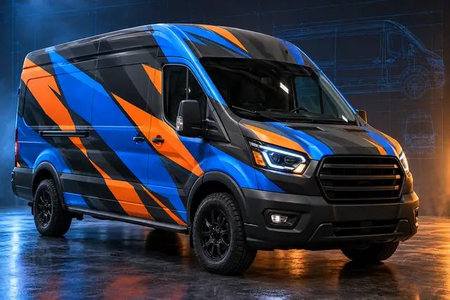 Concept illustration of a blue and orange wrapped commercial van